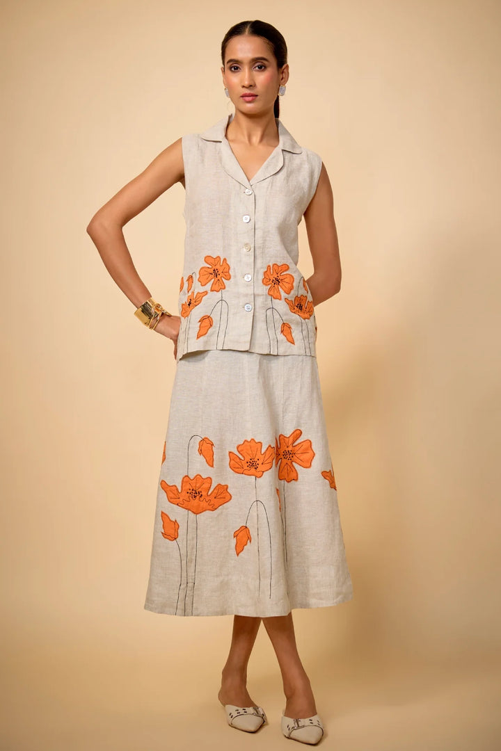 Pure Linen Beige Floral Skirt With Top