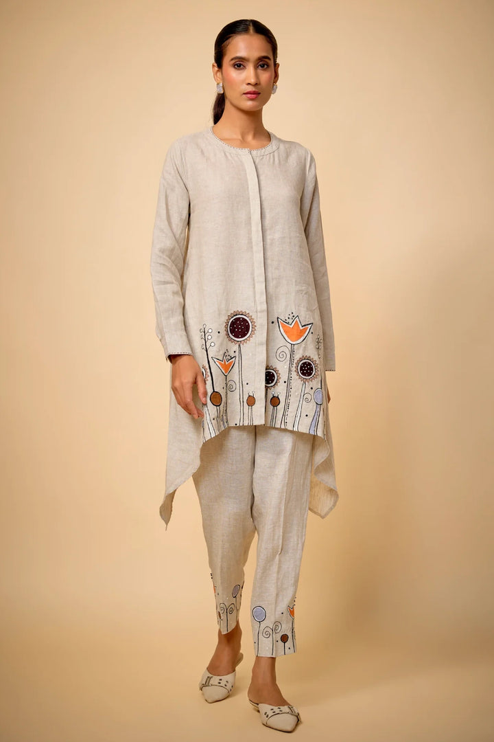 Pure Linen Beige Floral Highlow Embroidered Tunic Set