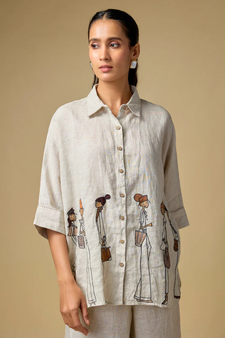 Pure Linen Beige Doodle Embroidered Shirt