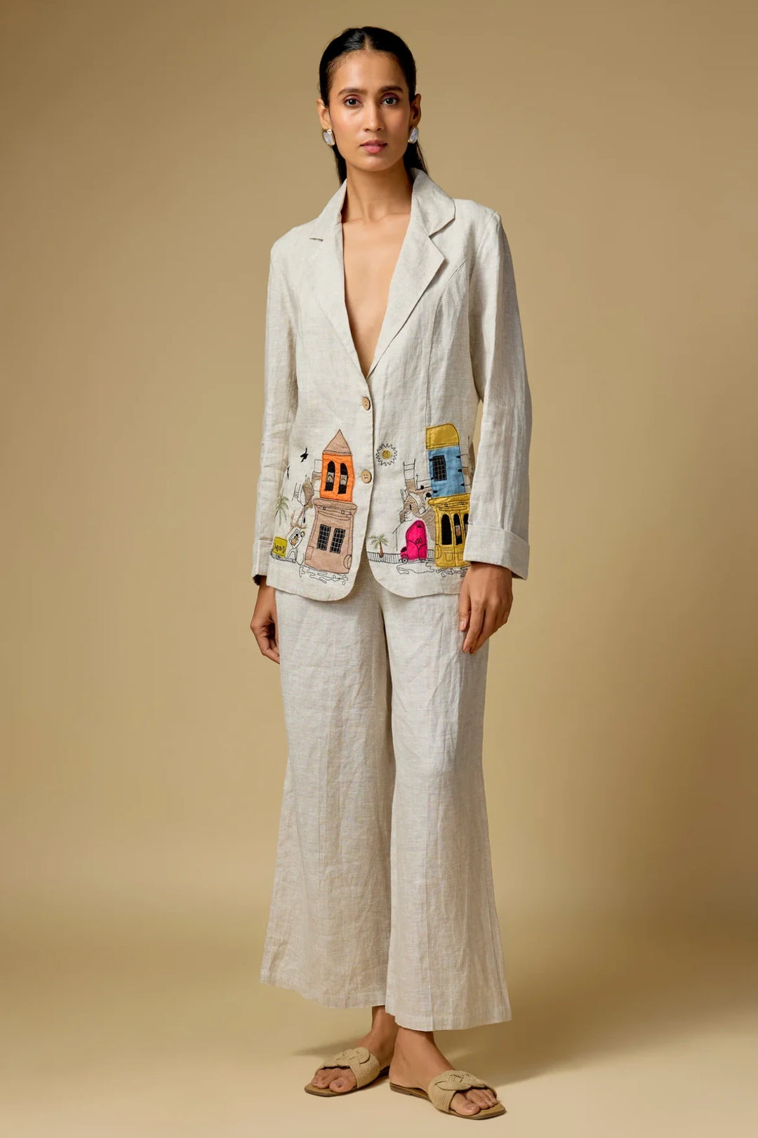Pure linen Beige Doodle Embroidery Blazer