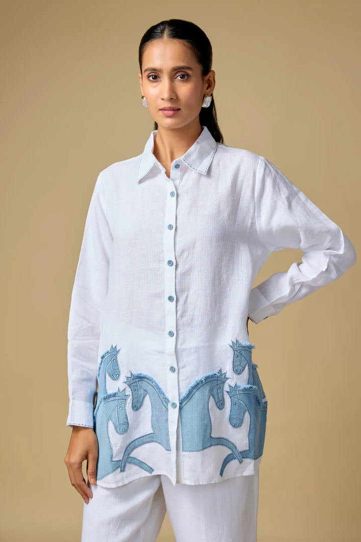 White Denim Horse Embroidered Big Shirt