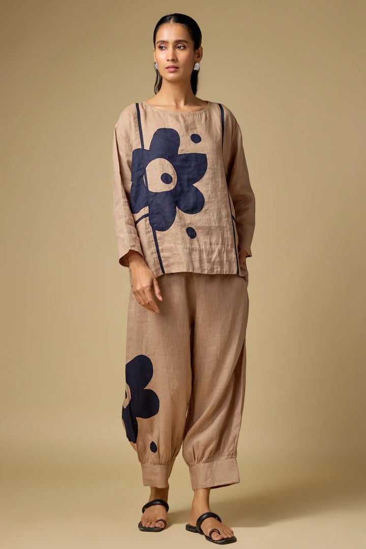 Pure Linen Khakhi Floral Co-ord Set
