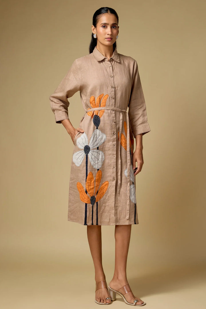 Pure Linen Khakhi Floral Embroidered Dress