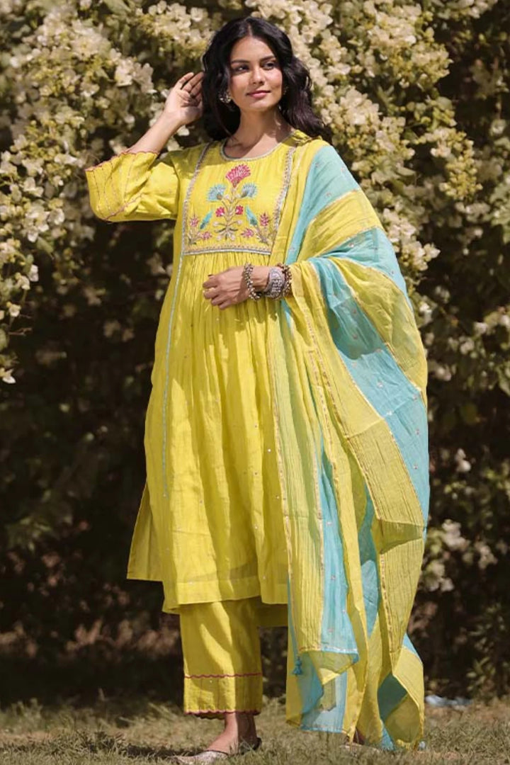 Neon Green Applique Kurta Set