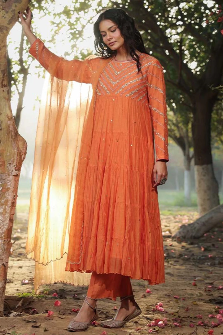Orange Tier Anarkali Set