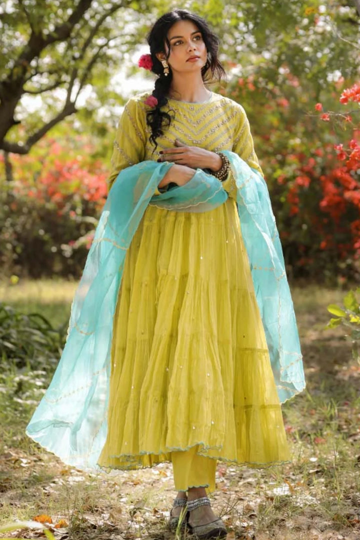 Neon Green Tier Anarkali Set