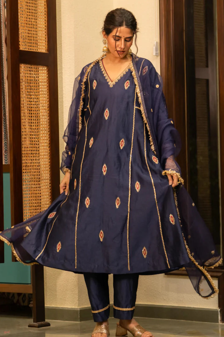 Mid Night Blue-Mor booti A-line Kurta Set