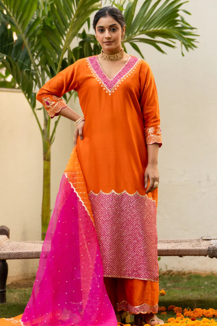 Orange Aari sequinns straight suit
