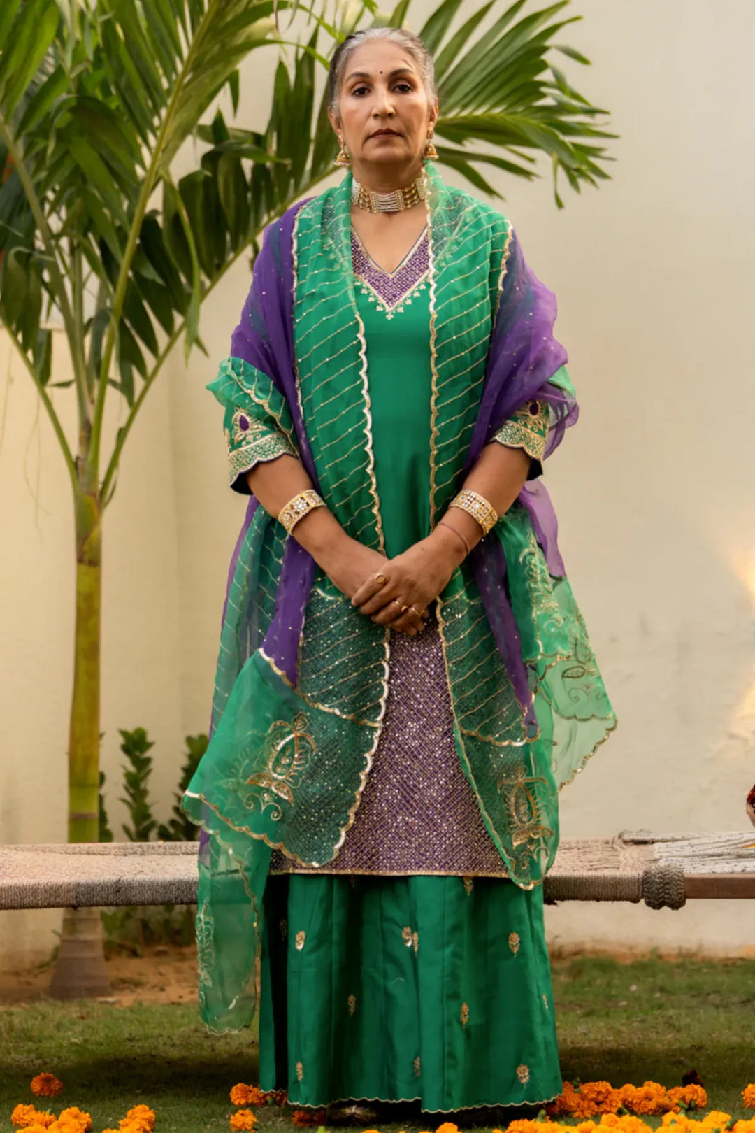 Green Aari sequinns straight suit