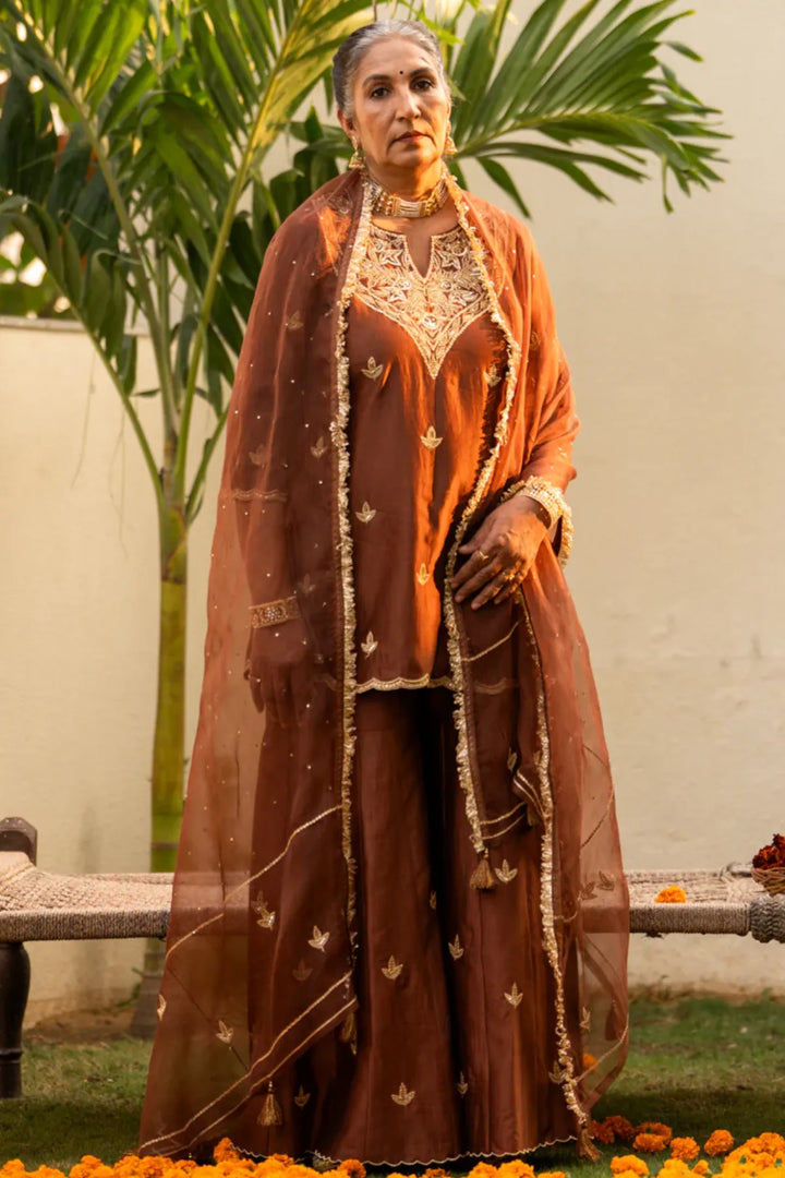Brown moti daman sharara set