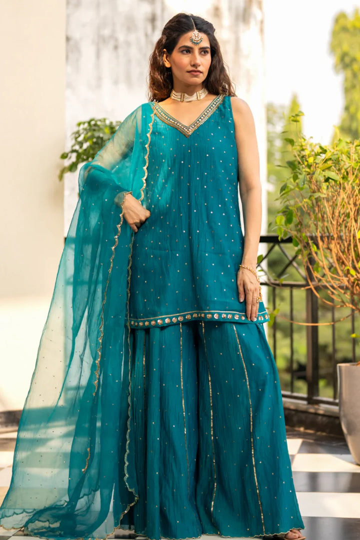 Teal Blue Sequinns Sharara set