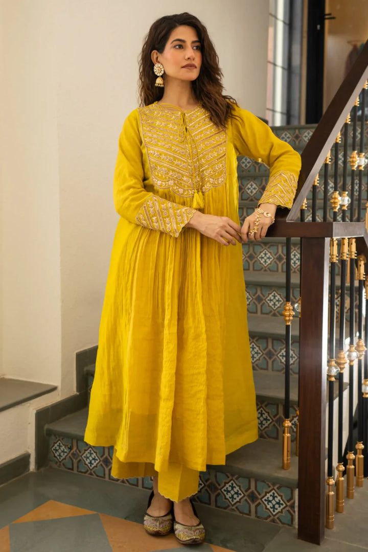 Lime mustard Tissue centre gathered A-line Kurta Set