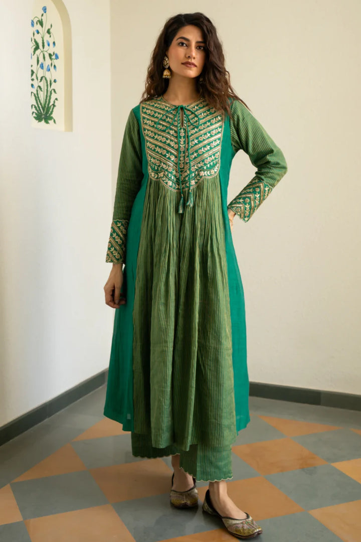Green Tissue centre gathered A-line Kurta set