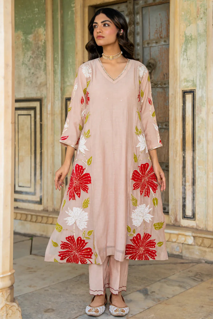 Beige Appliqué Floral A-line Kurta Set