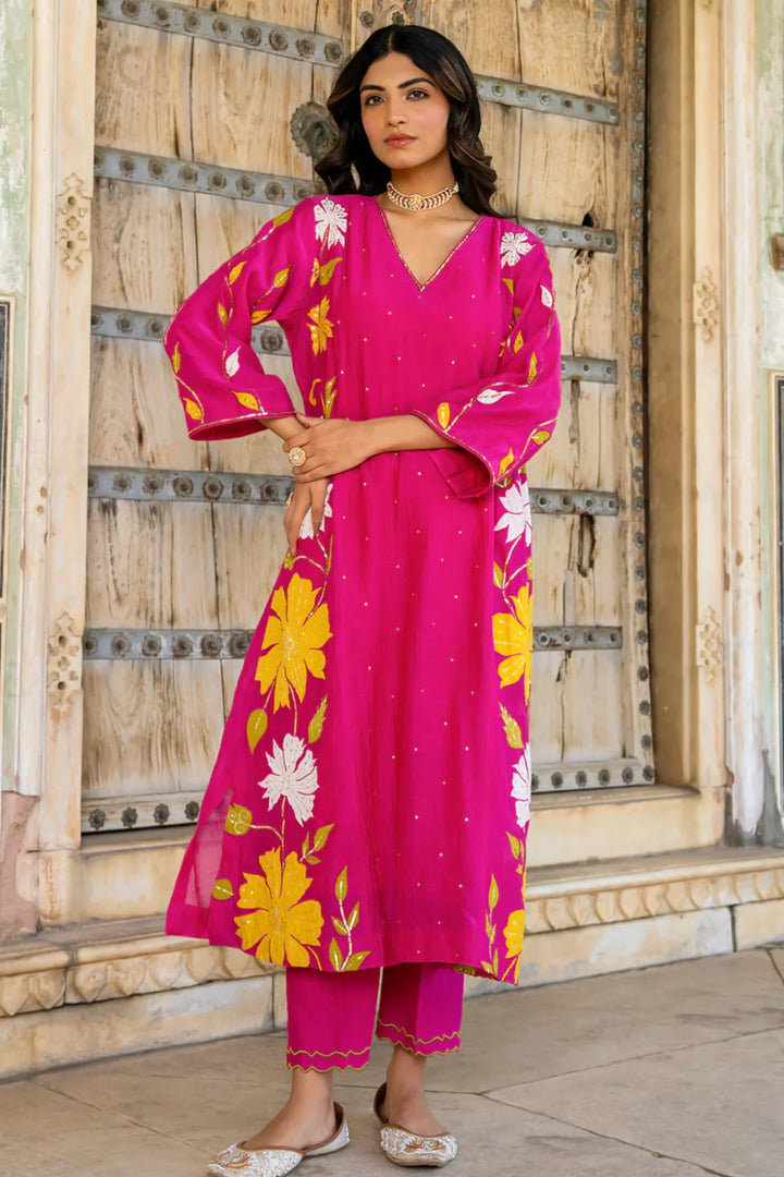 Rani Pink Appliqué Floral A-line Kurta Set