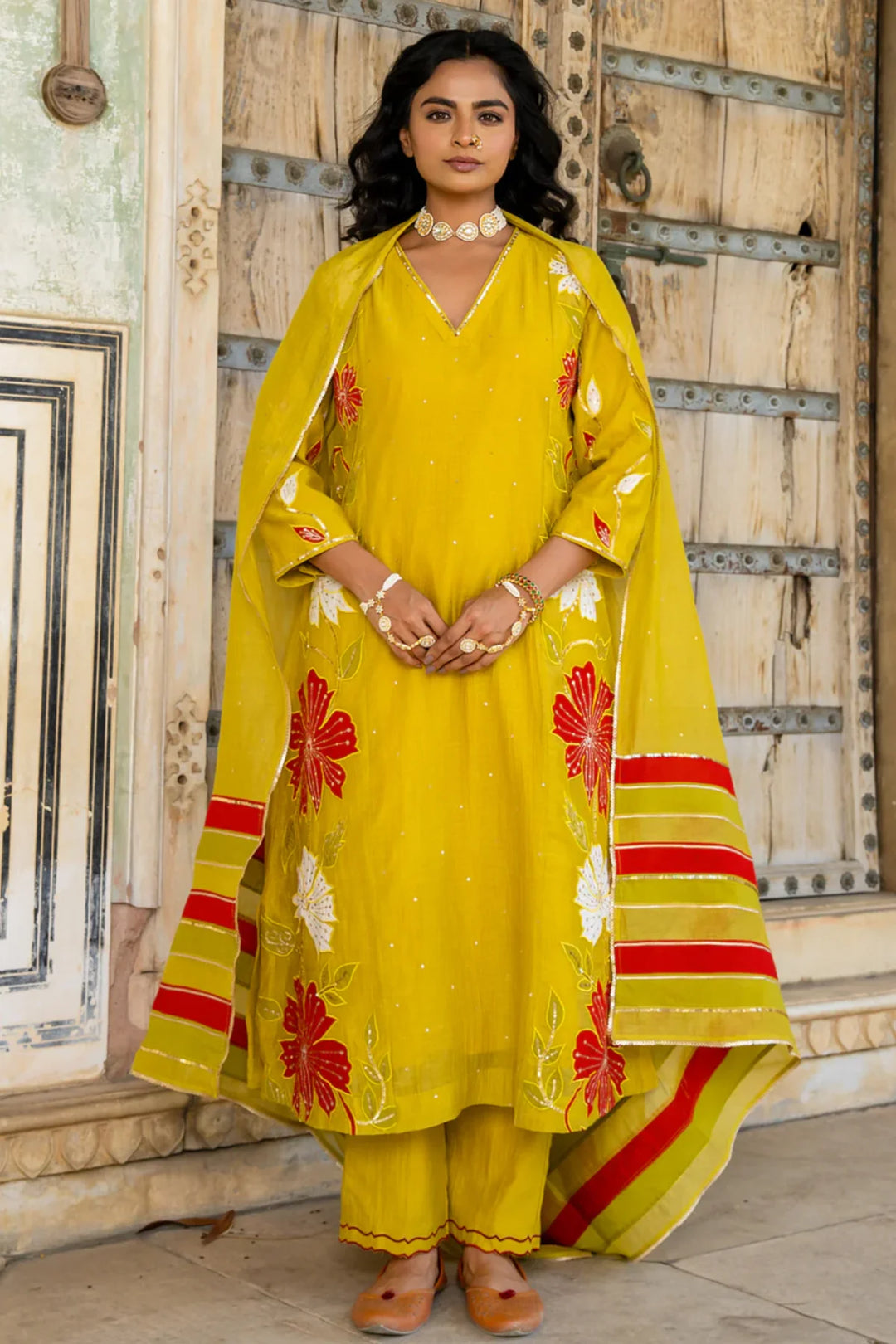 Mustard Appliqué Floral A-line Kurta Set