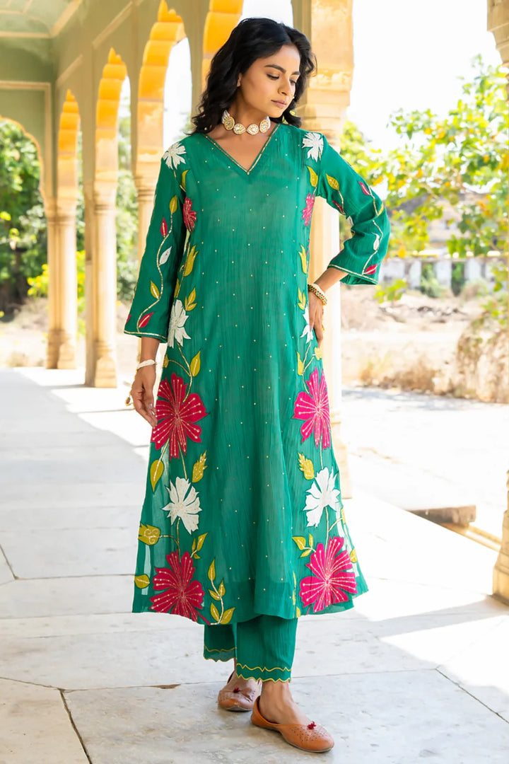 Bottle Green Appliqué Floral A-line Kurta Set