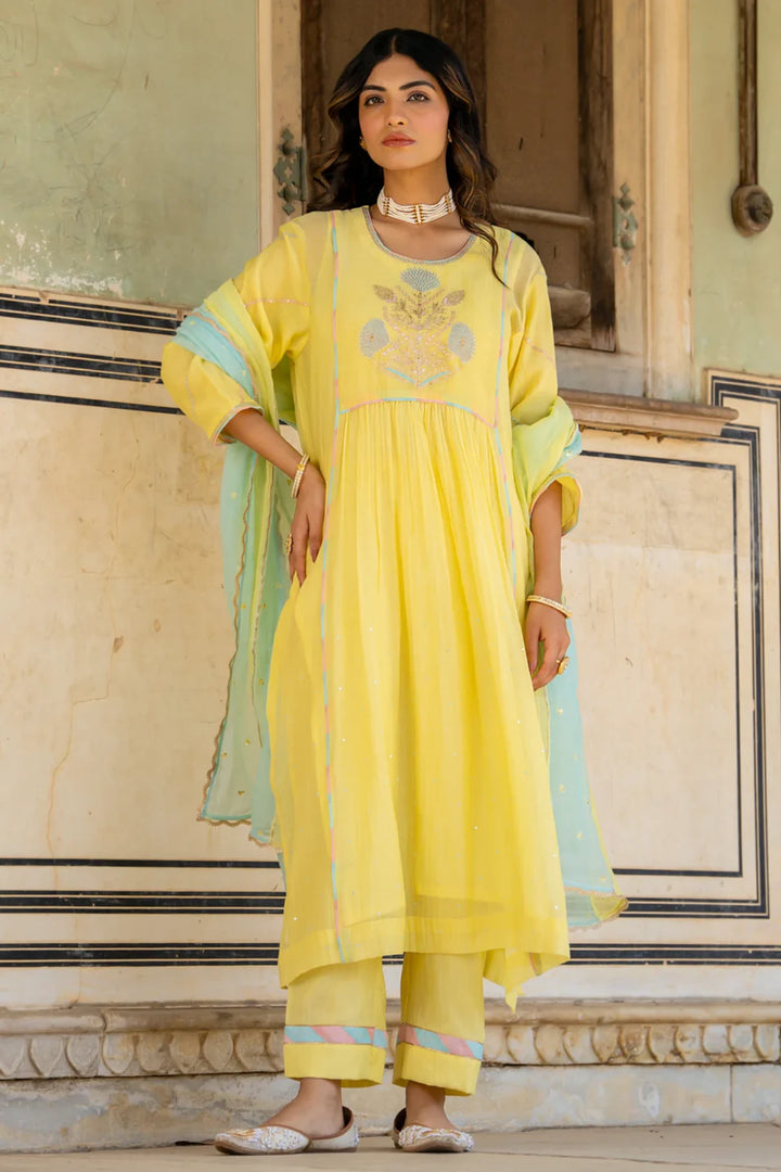 Pastel Yellow Poppy Motif A-line Kurta Set