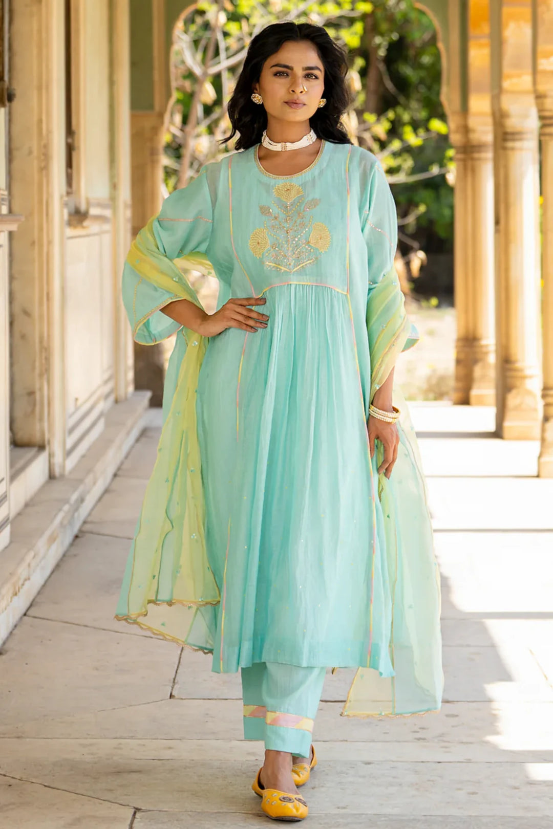 Pastel Blue Poppy Motif Boota A-line Kurta Set