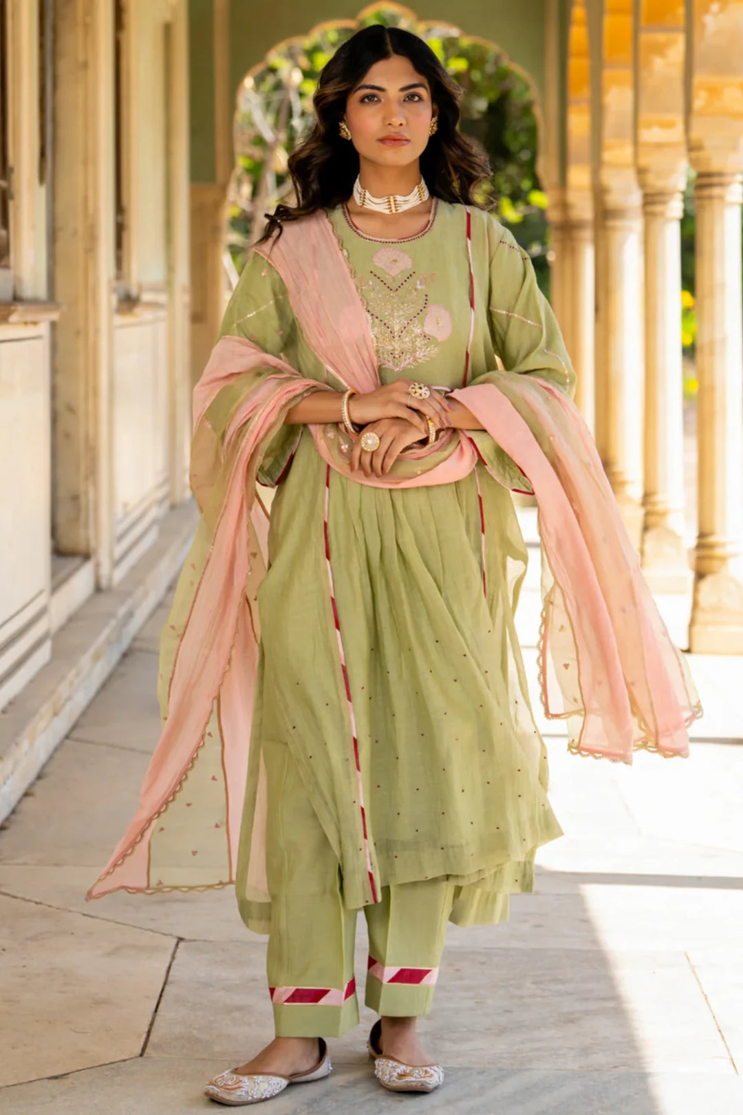 Mint Poppy Motif A-line Kurta Set