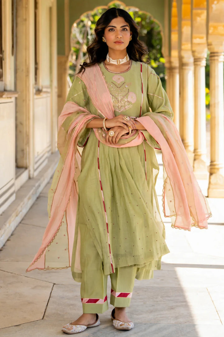 Mint Poppy Motif A-line Kurta Set