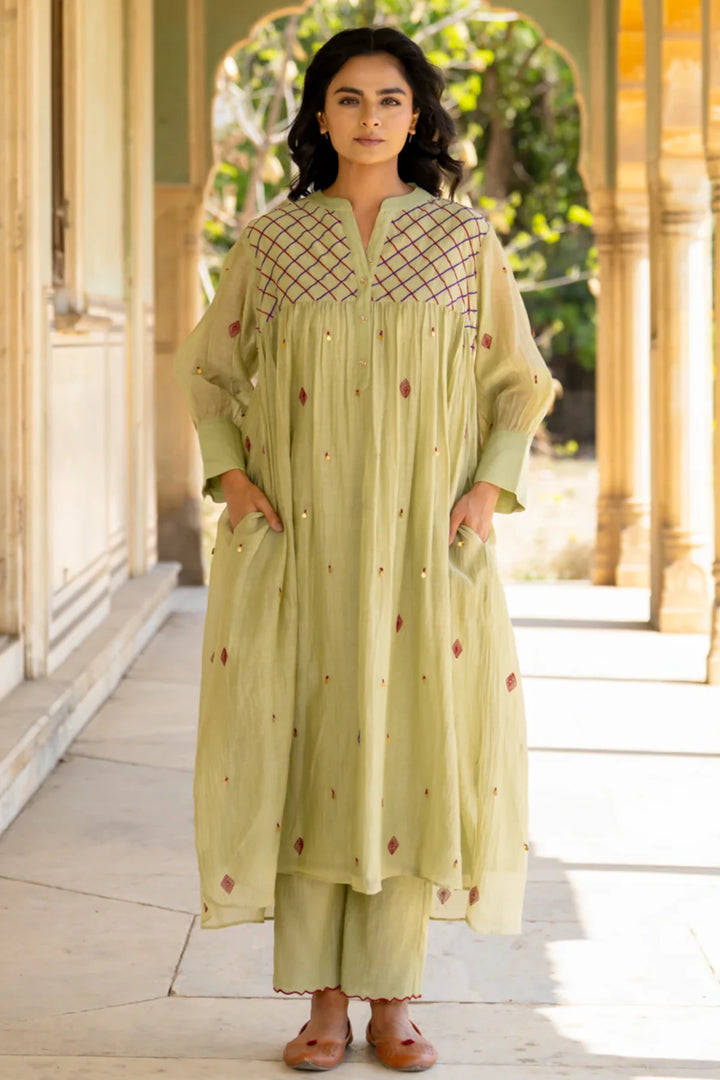 Pastel Green Gathered Dress Set