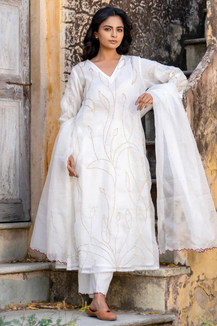 White Sequins A-line Kurta Set
