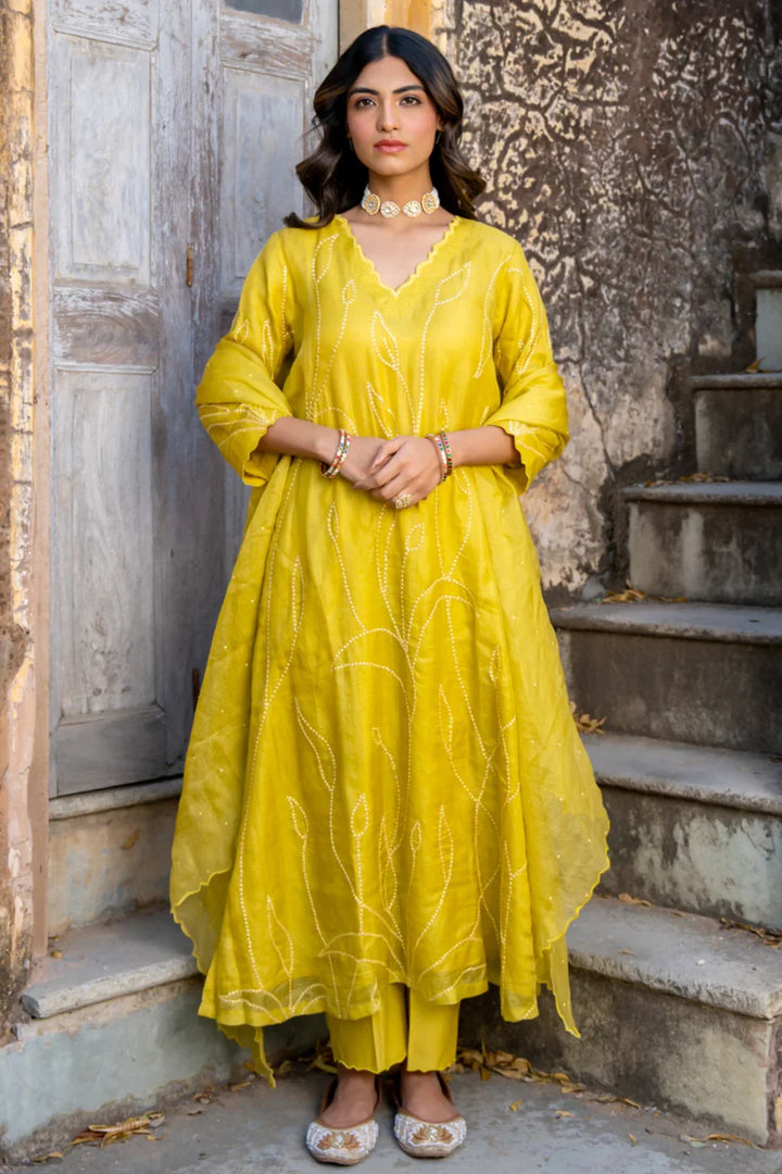 Mustard Sequins A-line Kurta Set