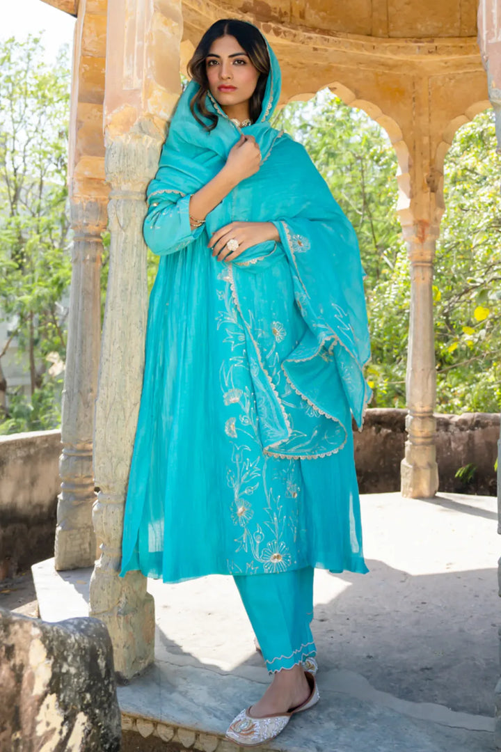 Firozi Floral A-line Kurta Set