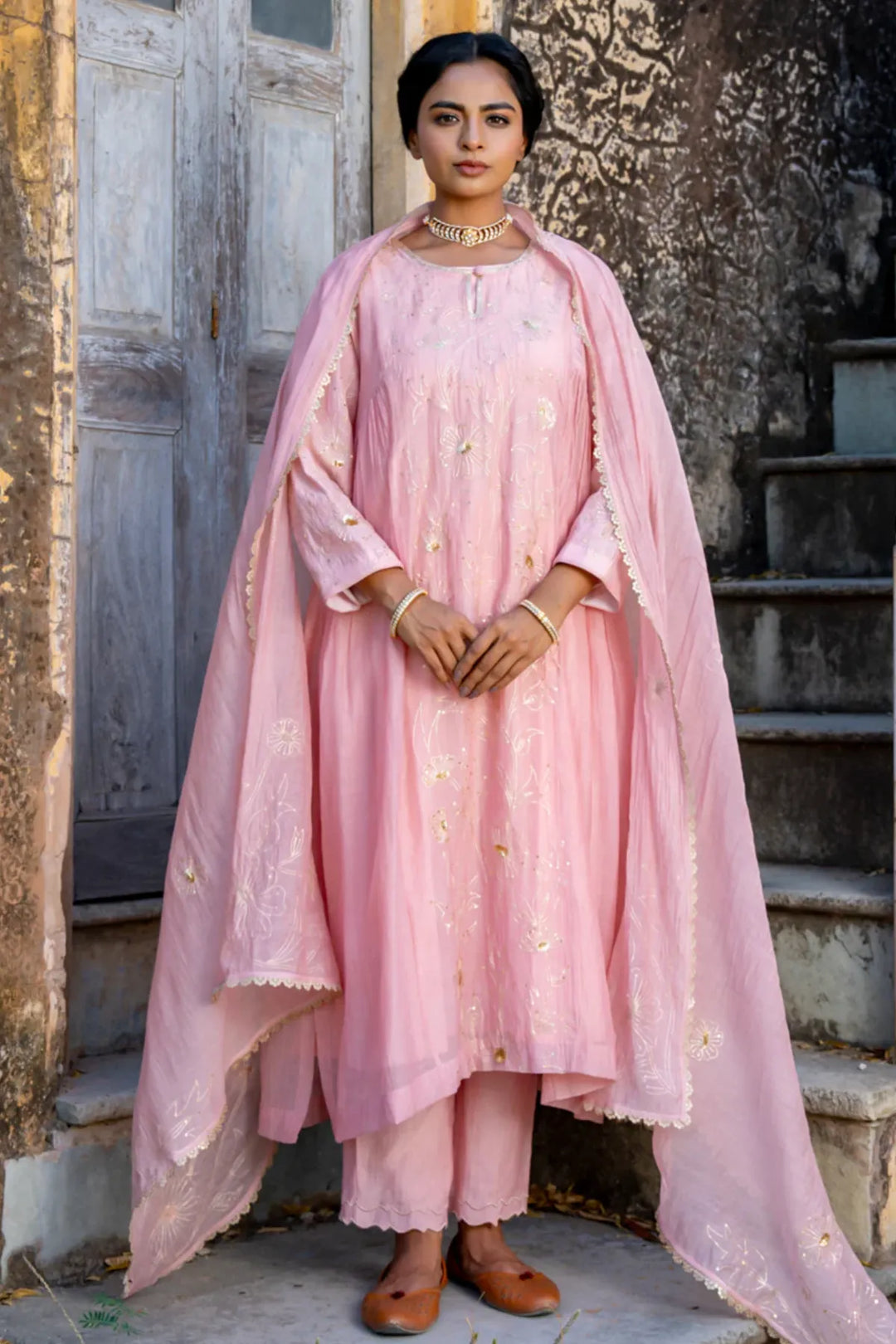 Rose Gold Floral Jaal A-line Kurta Set