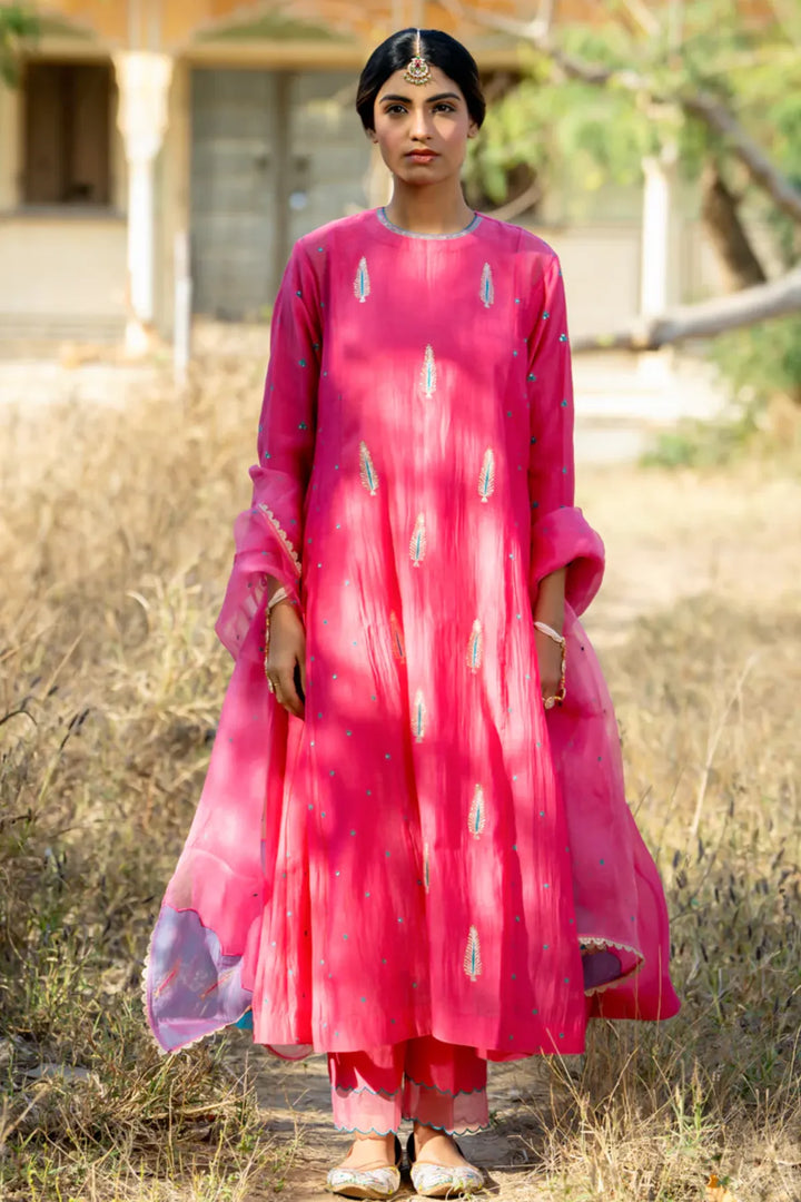 Rani Firozi Khajur Booti Anarkali Suit Set
