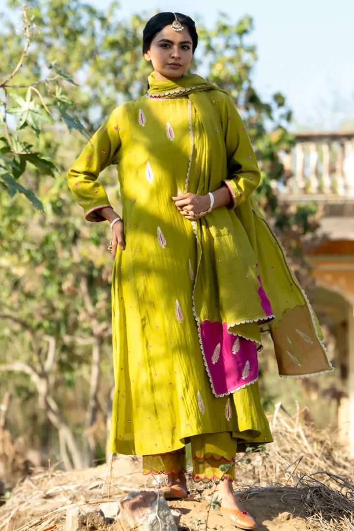 Olive Rani Khajur Booti Anarkali Suit Set