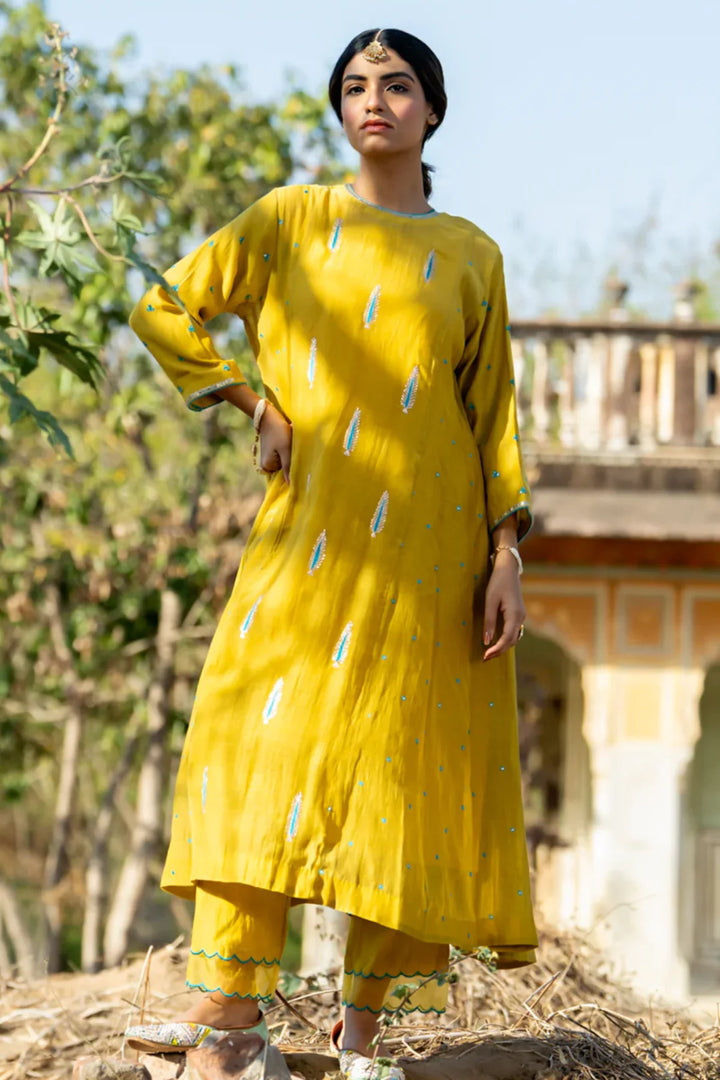 Mustard Khajur Booti Anarkali Suit Set