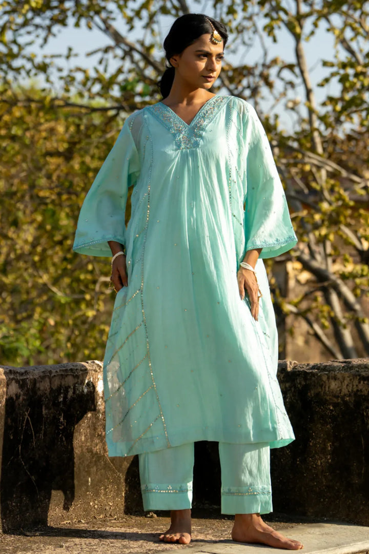 Pastel Blue Gota Patti A-line Kurta Set