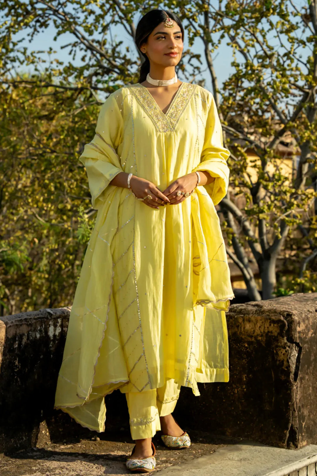 Pastel Yellow Gota Patti A-line Kurta Set