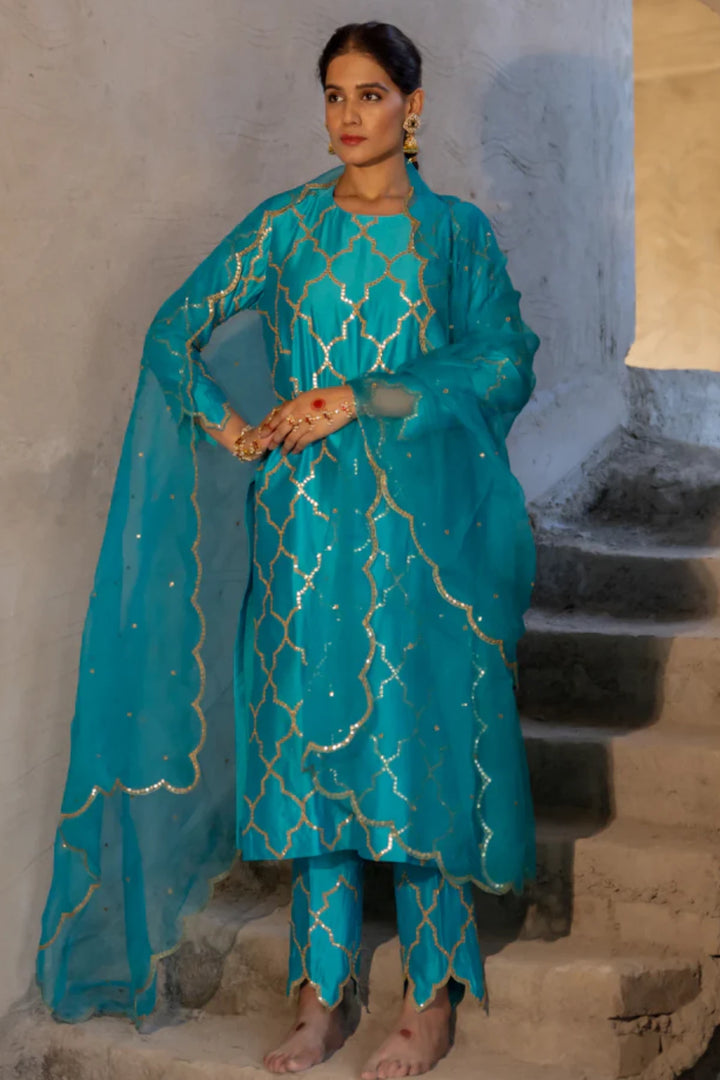 Firozi Gota Patti Jaal Work Straight Kurta Set