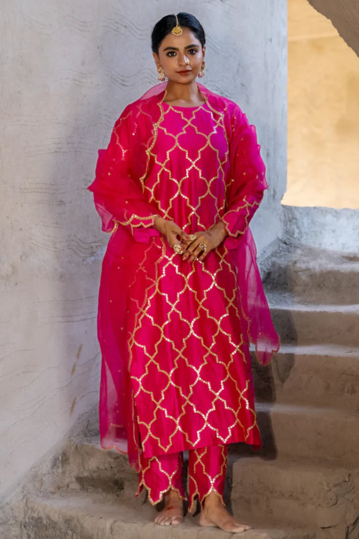 Rani Pink Jaal Straight Kurta Set