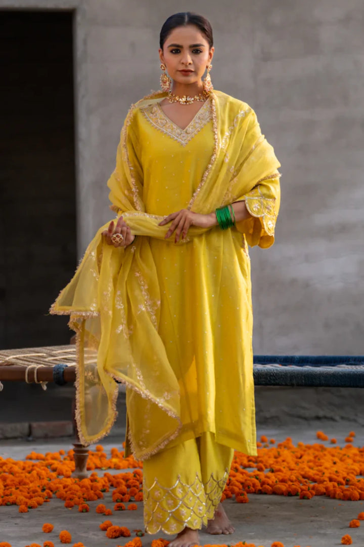 Yellow Aari A-line Kurta Set