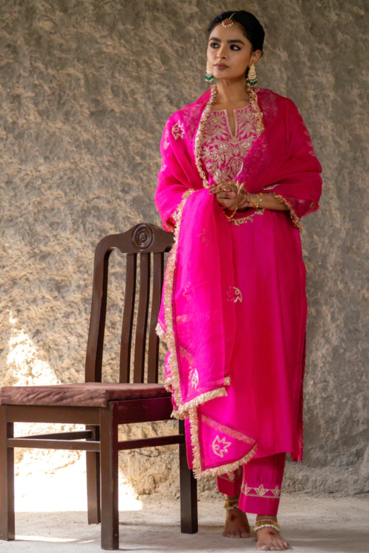 Magenta Marori Work Straight Kurta Set