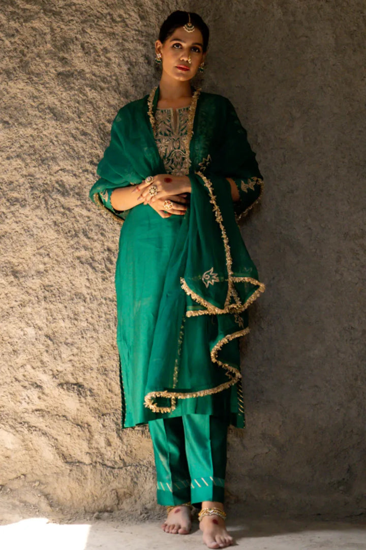 Bottle Green Marori Work Straight Kurta Set