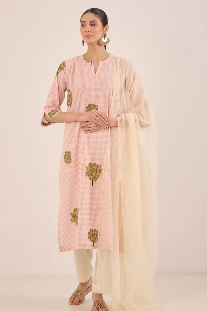 Cotton Check Apple Tree Kurta Set - Pink