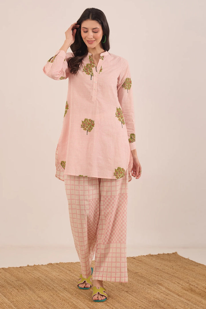 Cotton Pink Check Apple Tree Top With Wide Leg Check Pants Coord Set