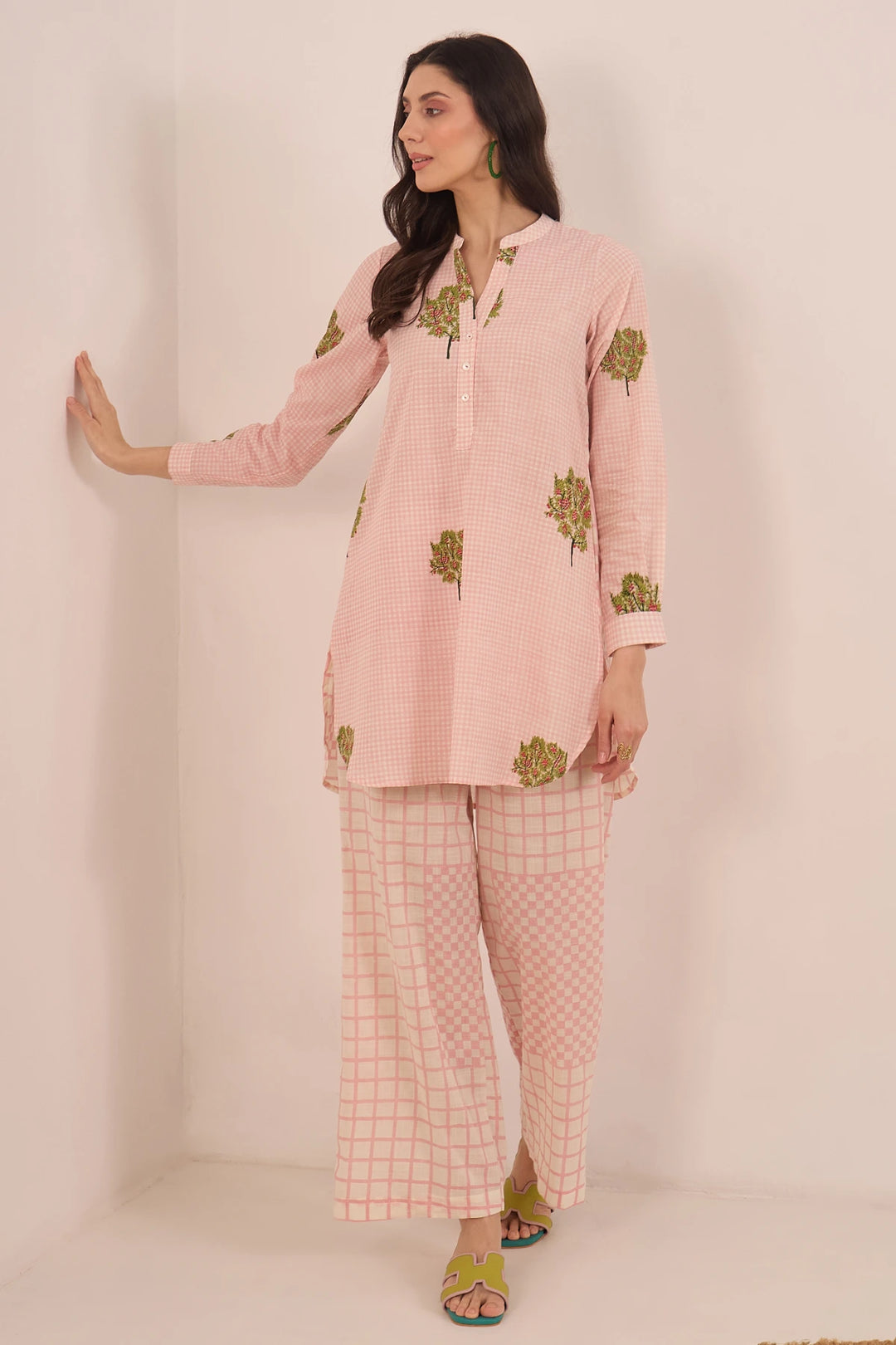 Cotton Pink Check Apple Tree Top With Wide Leg Check Pants Coord Set