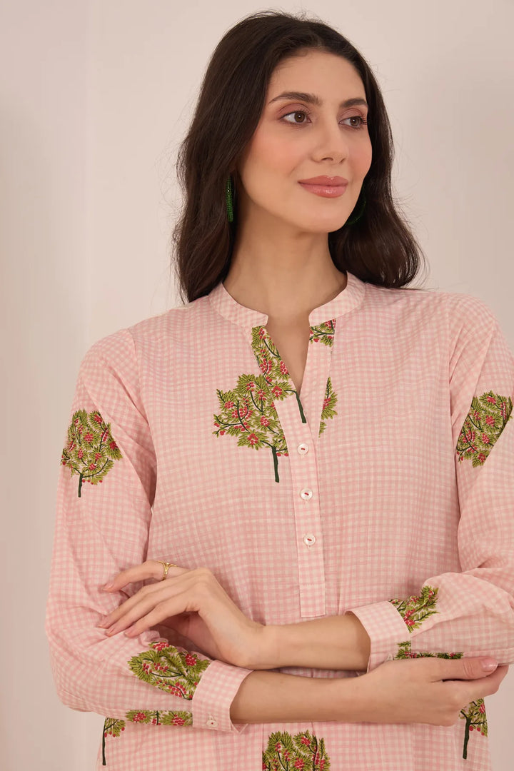 Cotton Pink Check Apple Tree Top With Wide Leg Check Pants Coord Set