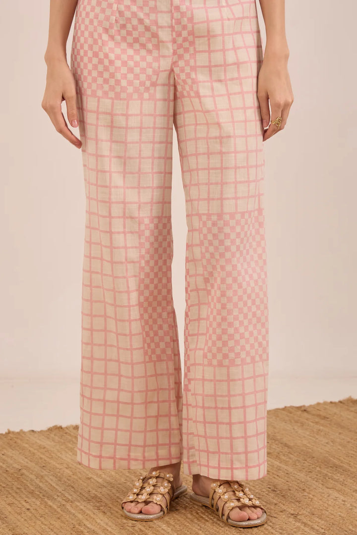 Cotton Pink Check Apple Tree Top With Wide Leg Check Pants Coord Set