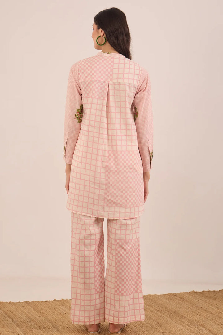Cotton Pink Check Apple Tree Top With Wide Leg Check Pants Coord Set