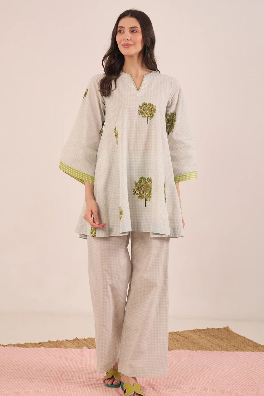 Cotton Blue Check Apple Tree V - Neck Coord Pants - Powder Blue