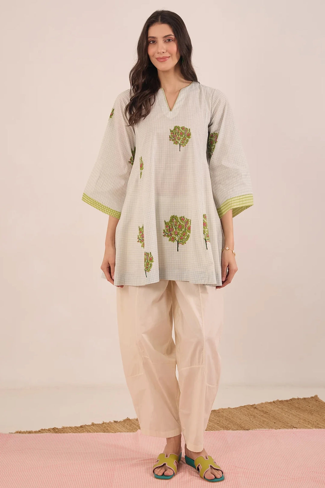 Cotton Blue Check Apple Tree V - Neck Coord Set With Ivory Pants