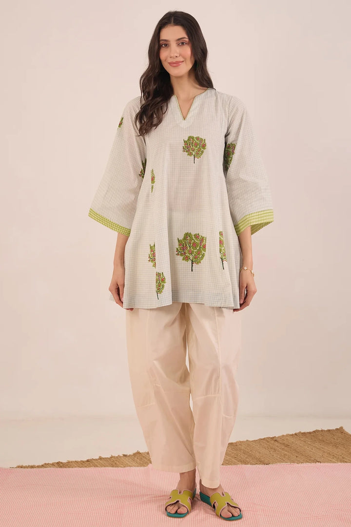 Cotton Blue Check Apple Tree V - Neck Coord Set With Ivory Pants