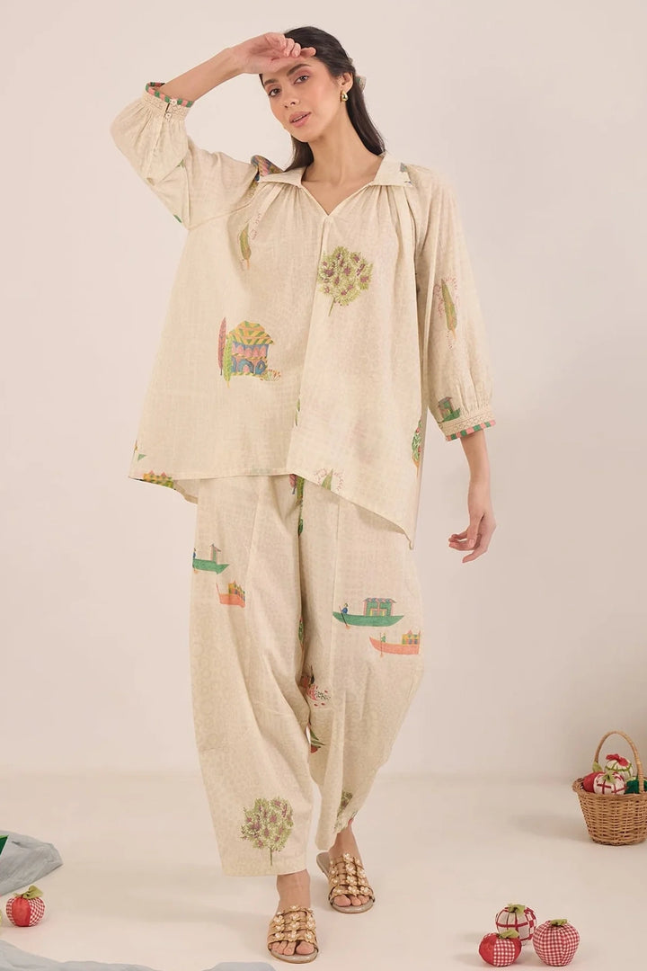 Gulposh: Cotton Raglan Sleeve With Boat Pant Co-ord Set
